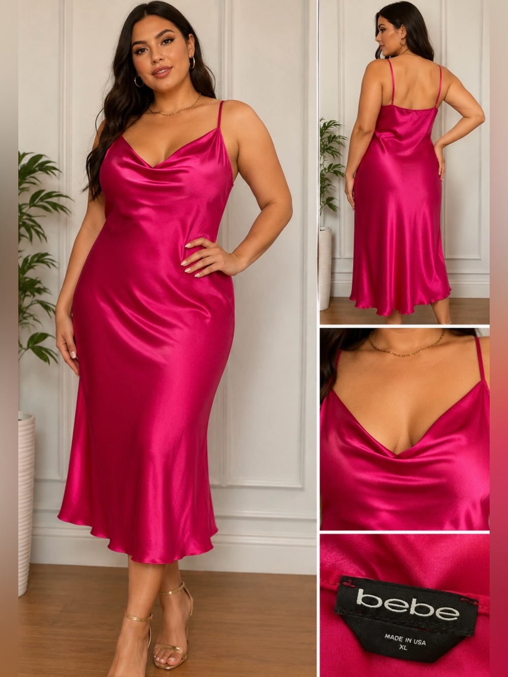 bebe Fuchsia Satin Slip Dress with Cowl Neck